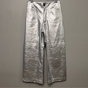 Maeve The Colette Cropped Wide Leg Faux Leather Silver Metallic Pants Size 28